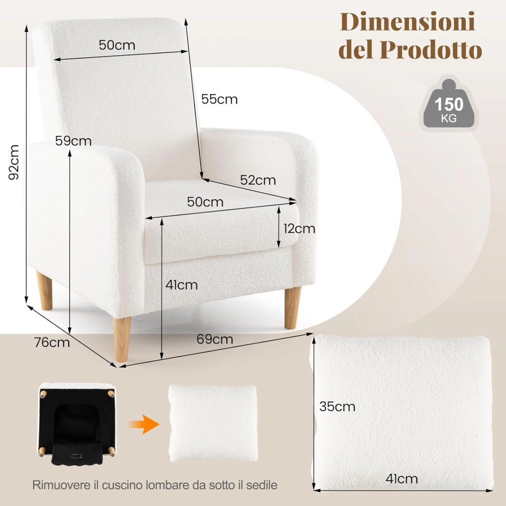 Poltrona da Salotto, Sofa Imbottita Ergonomica con Cuscino Lombare, Rivestimento in Pile Teddy, Gambe in Legno di Caucciù, Poltrona Moderna per Soggiorno e Camera da Letto, Portata 150 kg
