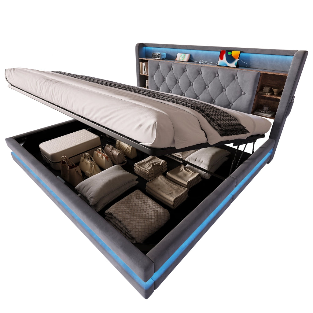 Letto imbottito 180 x 200 cm con contenitore, testiera multifunzione, LED, USB e Type-C, velluto grigio scuro