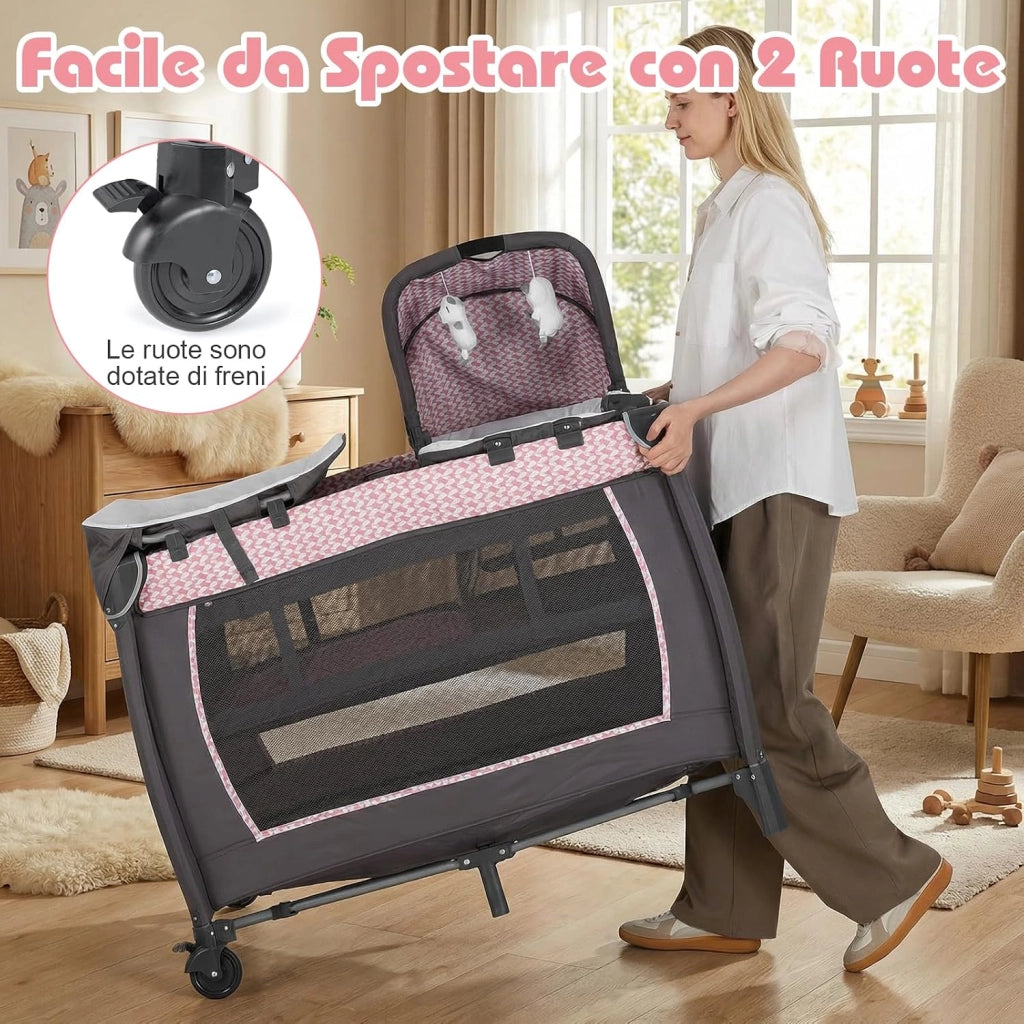 Culla Campeggio Bambini 5 in 1, Lettino Viaggio Neonati Pieghevole con Materasso, Fasciatoio e Tettoia, Box Portatile con Ruote, 2 Giocattoli Appesi e Carillon, per Bambini 0-3 Anni (Rosa)