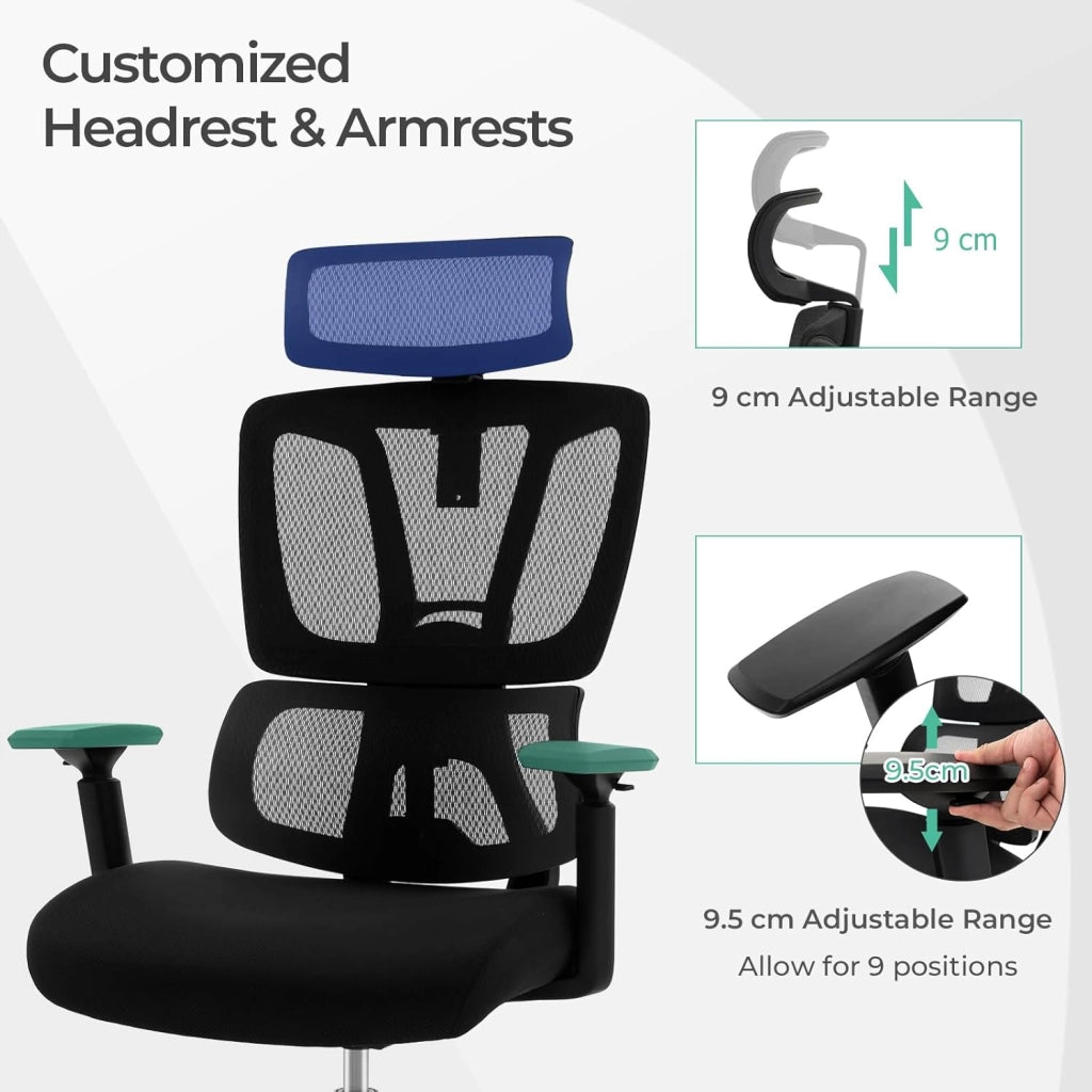 Sedia da ufficio ergonomica con rete traspirante sedia da ufficio regolabile con supporto lombare con poggiatesta e braccioli, girevole con seduta imbottita, nera