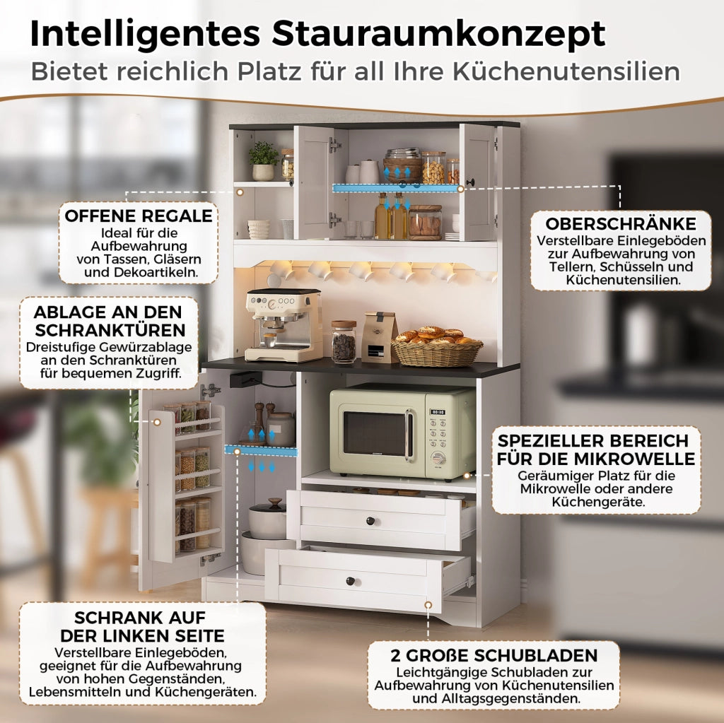 Mobile cucina multifunzione bianco con LED, prese USB e vano microonde
