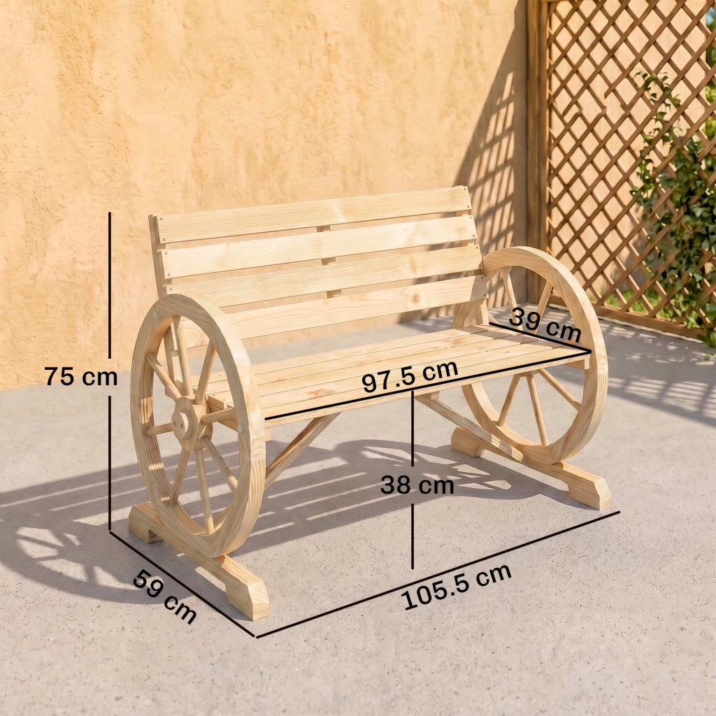Panchina da Giardino 2 Posti a Doghe con Braccioli a Ruota di Carro, in Legno, 105.5x56x79 cm, color Legno
