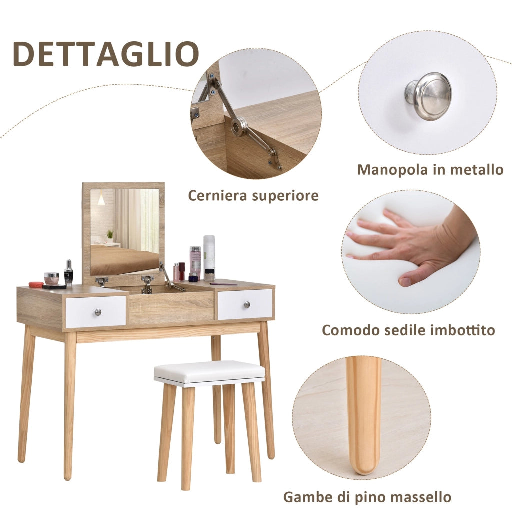 Consolle Trucco Moderna 100x45x118 cm con Specchio e Sgabello