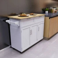 Carrello da Cucina Multiuso in Legno con 2 Cassetti, 3 Antine e 4 Ruote 121x46x91cm - Bianco