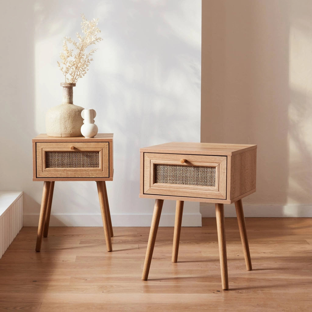 Set 2 comodini effetto legno e cannage, marrone naturale