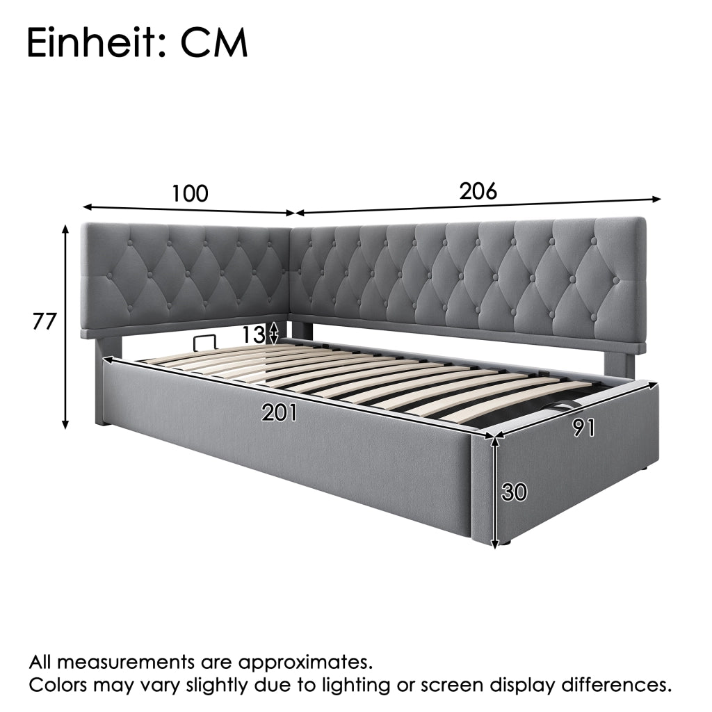 LETTO Contenitore 90x200 cm Velluto Grigio con testiera reversibile senza materasso