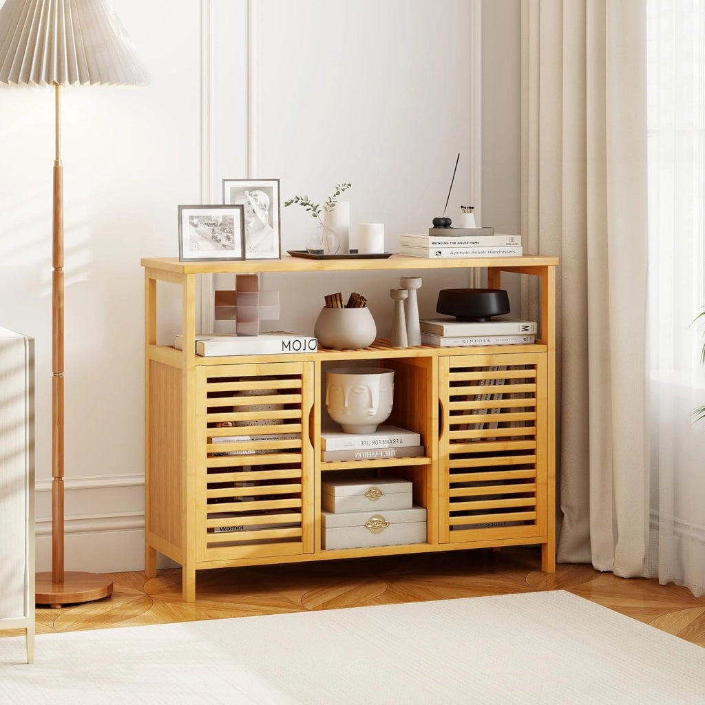Credenza Cucina in Bambù, Mobile da Bagno con Ripiani Aperti e 2 Porte, Armadio a Buffet a Doghe per Soggiorno, Sala da Pranzo, 100 x 35 x 80 cm, Naturale