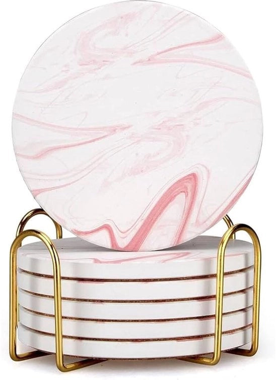 Set di 6 sottopiani in marmo rosa scuro, sottopiani ceramici assorbenti con contenitore, sottopiani decorativi a forma di tazza da tè rotonda, set di sottopiani bar moderni, sottopiani per bicchieri da 6 pezzi