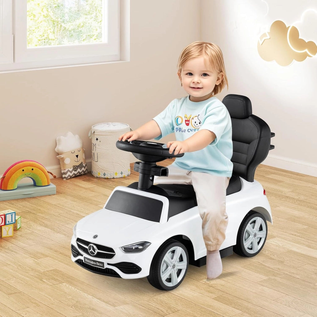 3 in 1 Auto a Spinta, Mercedes-Benz Macchina Cavalcabile, con Schienale Regolabile Suono Barra di Spinta e Tettuccio, per Bambini 18-36 Mesi (Bianco)