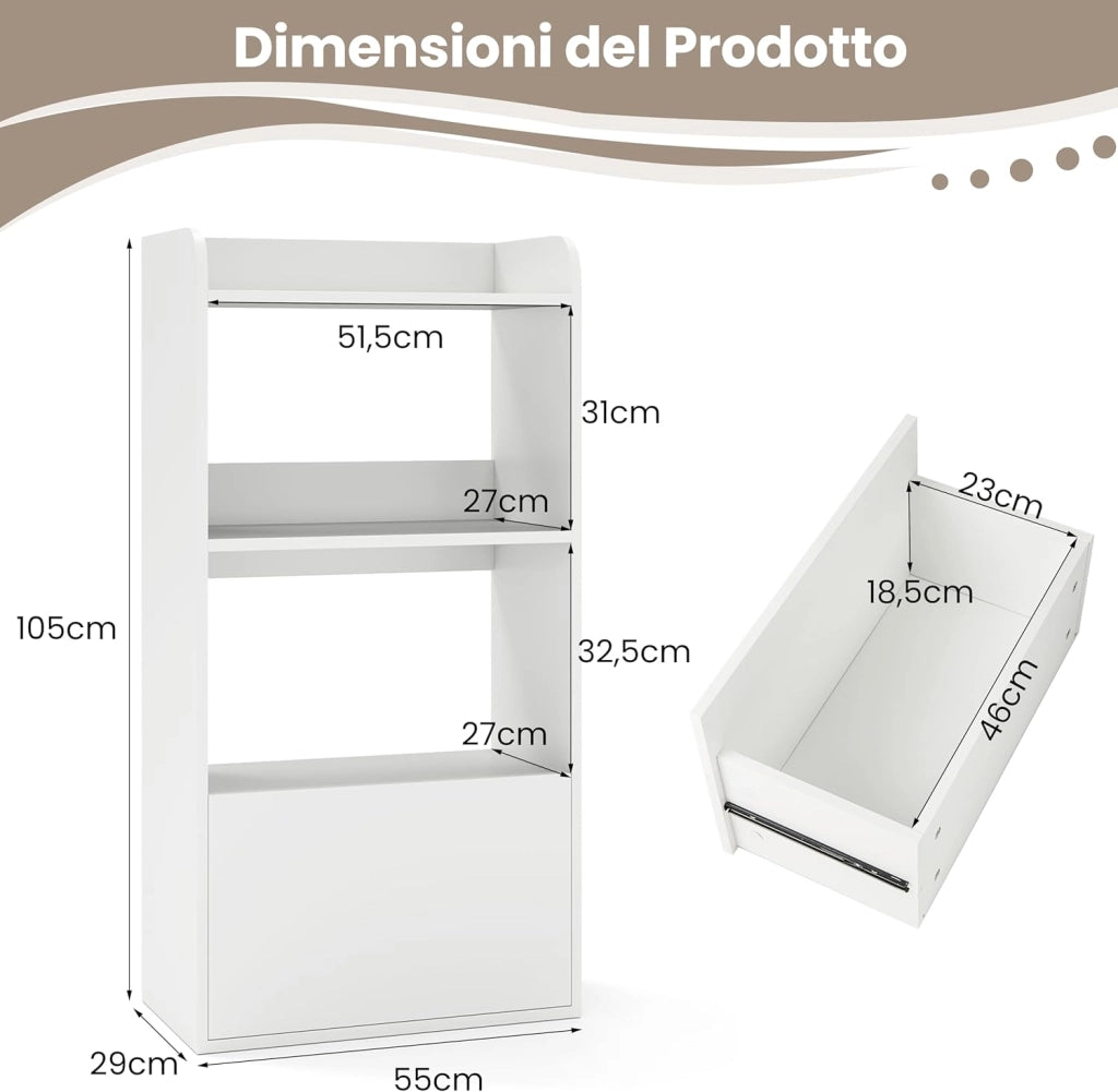 Libreria Aperta a 3 Ripiani, Scaffale Salvaspazio in Legno con Cassetto, Scaffale Portaoggetti Espositivo per Camera da Letto, Soggiorno, Cucina e Ingresso, 55 x 29 x 105 cm (Bianco)