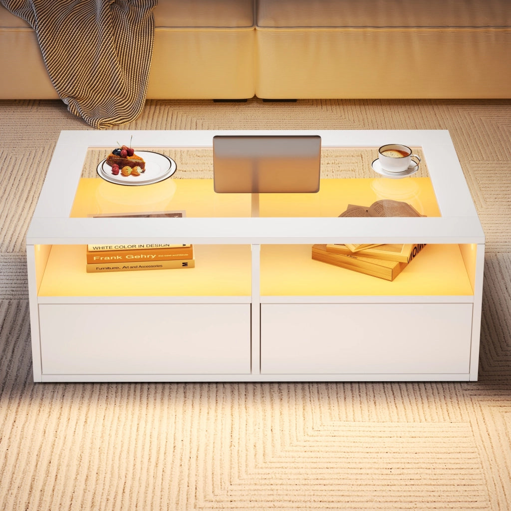 TAVOLINO DA CAFFÈ 100x50x35 cm Bianco in Vetro e Truciolato con LED e 2 Cassetti