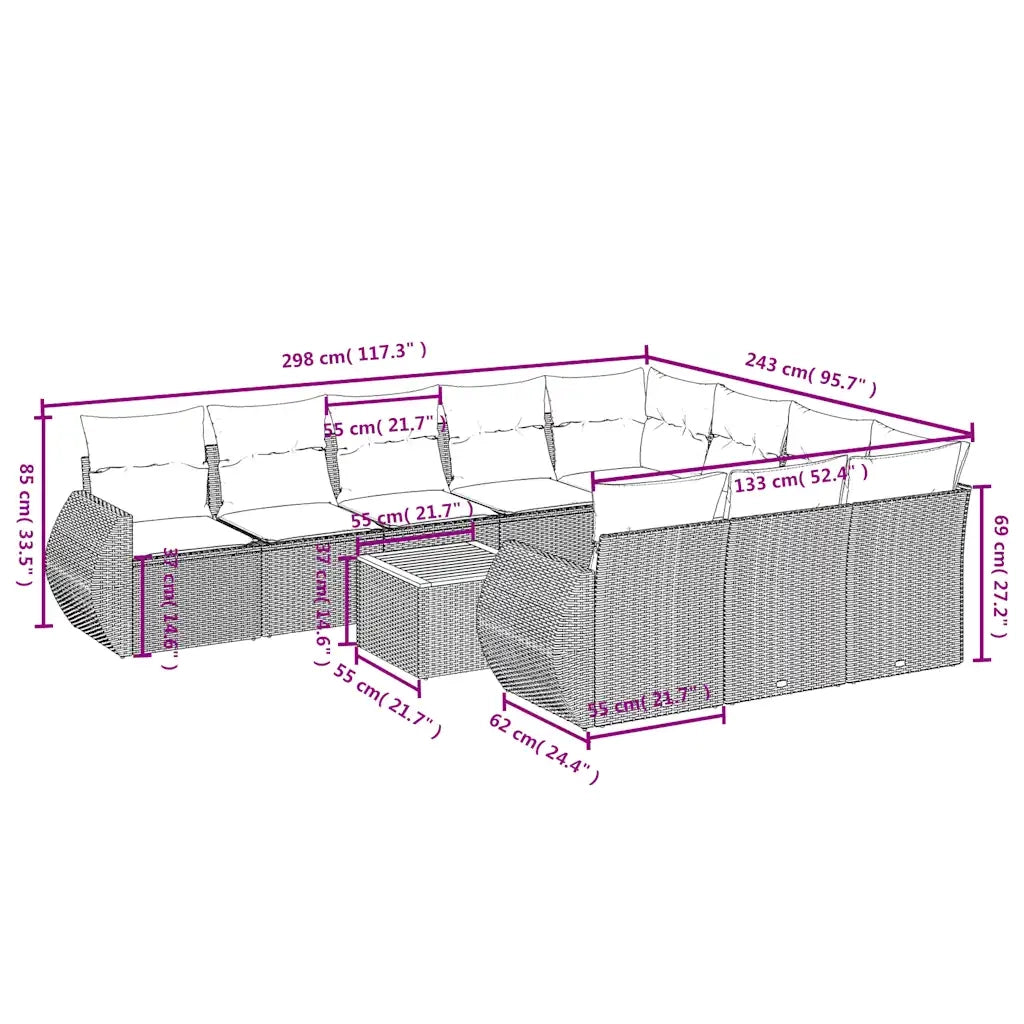 Set Divani da Giardino 11 pz con Cuscini Grigio in Polyrattan 3225186