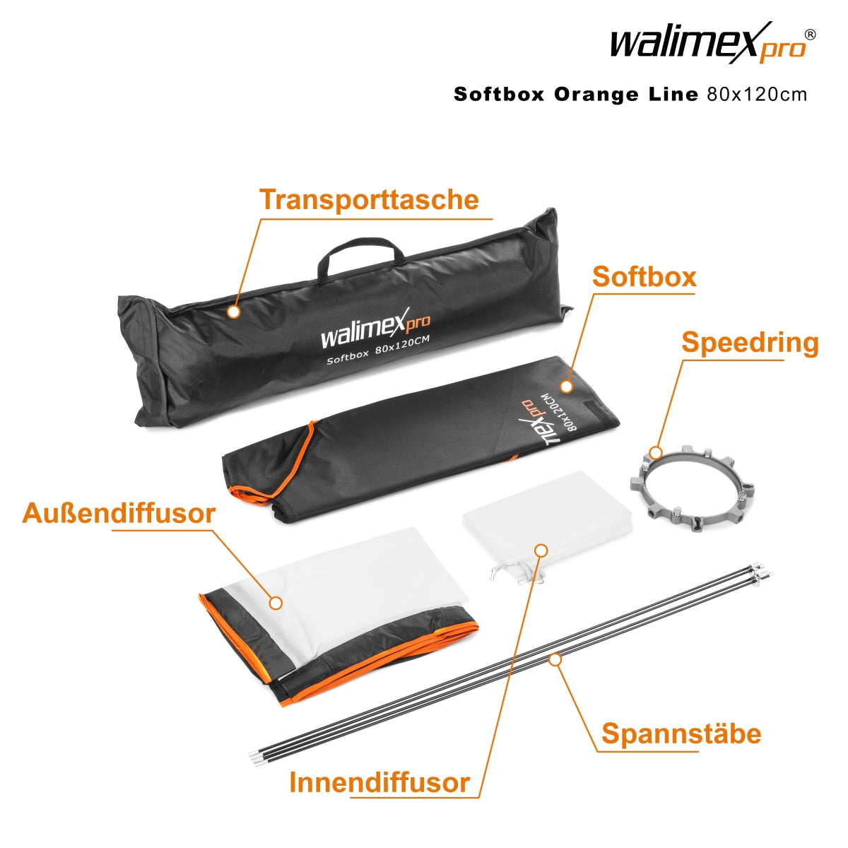 Orange Line Softbox 80x120cm, girevole a 360°, Sagomatore di luce per foto e video, incluso diffusore ideale per studio fotografico