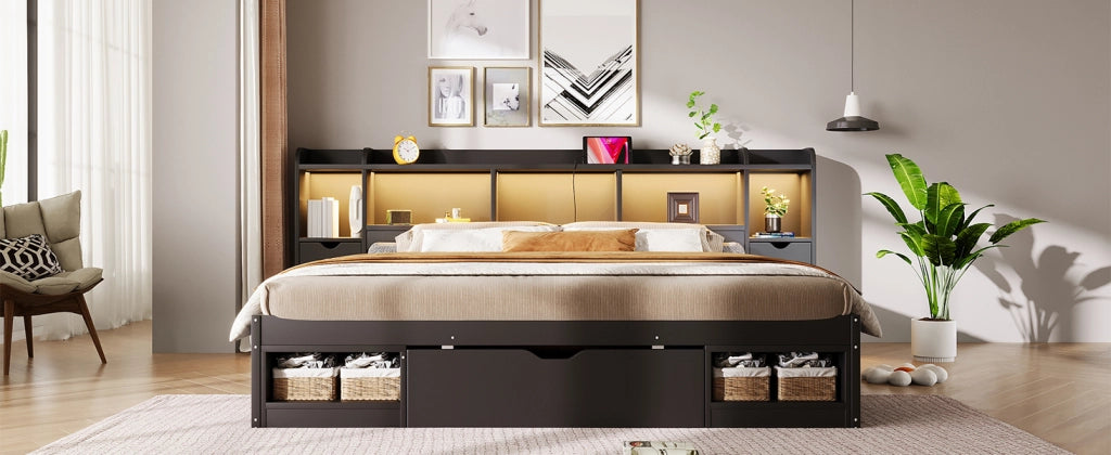 Letto contenitore matrimoniale 180 × 200 cm con LED, cassetti e ripiani, senza materasso, MDF nero