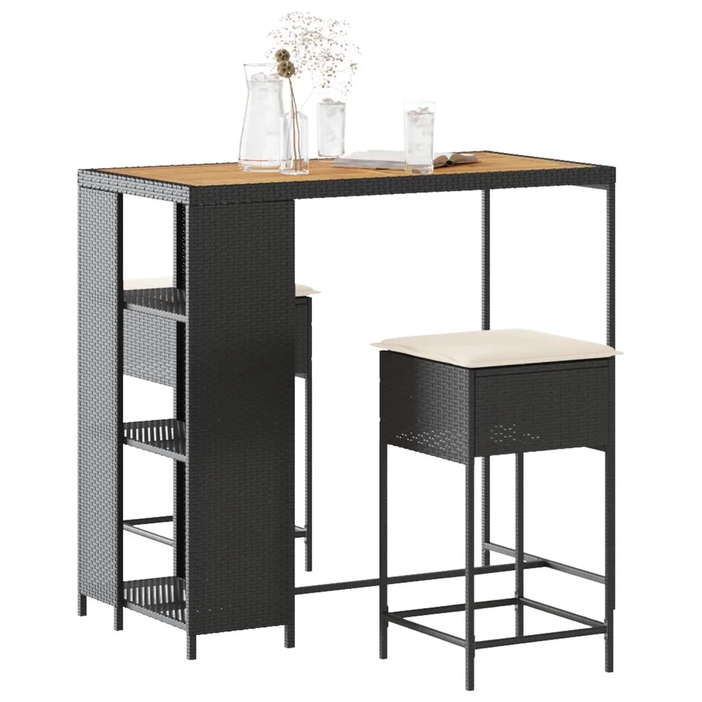 Set Bar da Giardino 3 pz con Cuscini in Polyrattan Nero 3261496