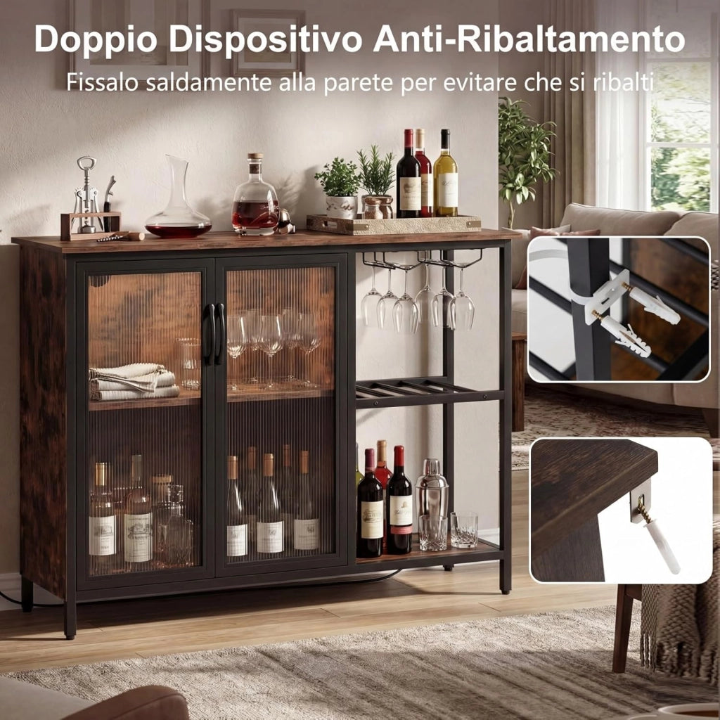 Mobiletto Bar per Vino con Prese di Corrente e Luci LED, Mobile Bar da Terra per Caffè con Portabottiglie e Portabicchieri, Credenza Buffet per Liquori per Cucina, Sala da Pranzo e Soggiorno