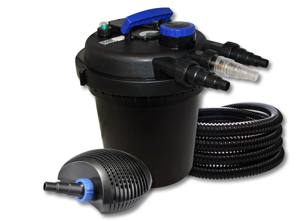 Set per laghetti Filtro a pressione10000l Chiarificatore UVC 11W Pompa da 20W Tubo 25m
