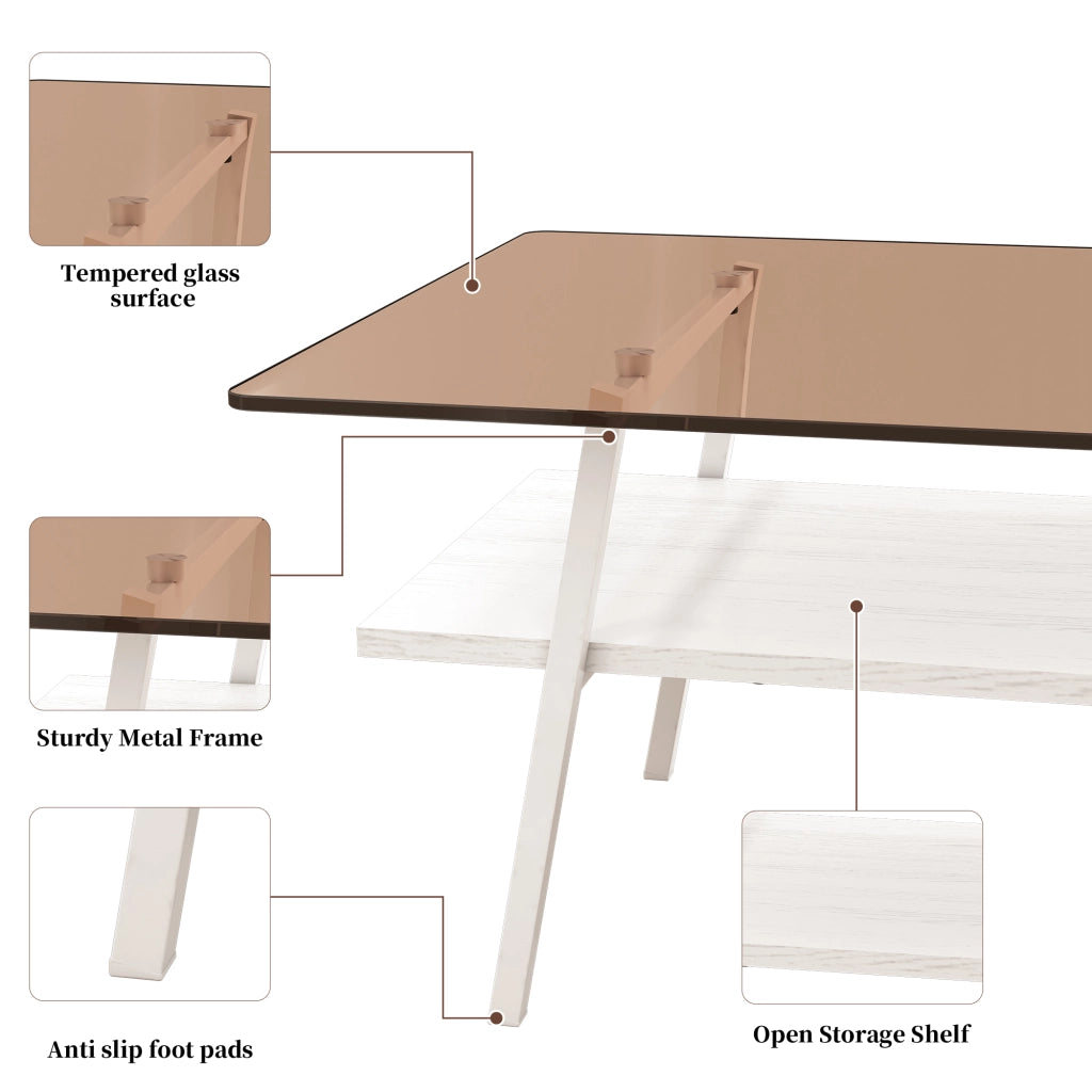 TAVOLINO DA SALOTTO Rettangolare in vetro temperato MDF Brown/Bianco