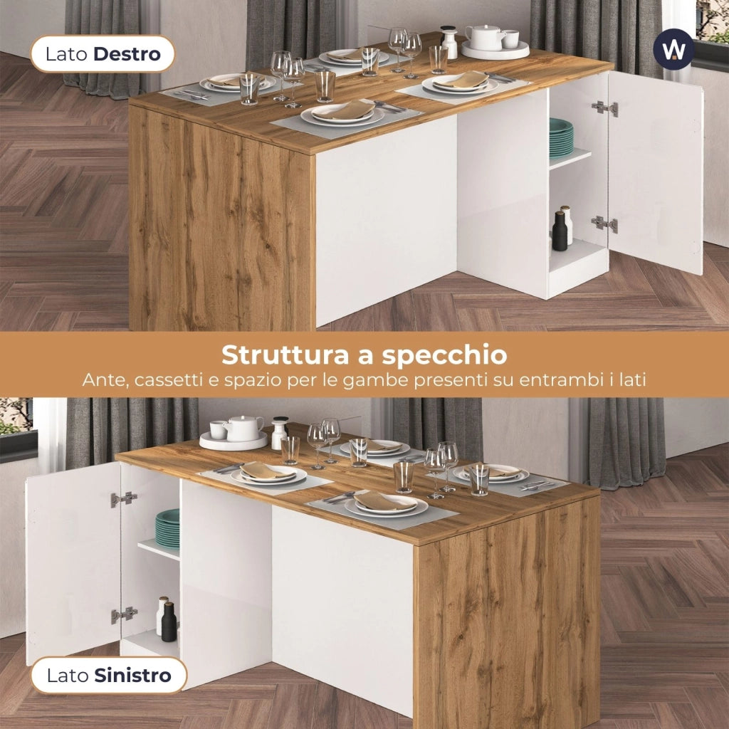 WHOUS Isola da cucina Sole a 2 ante bianco lucido e rovere 160x90x90 cm