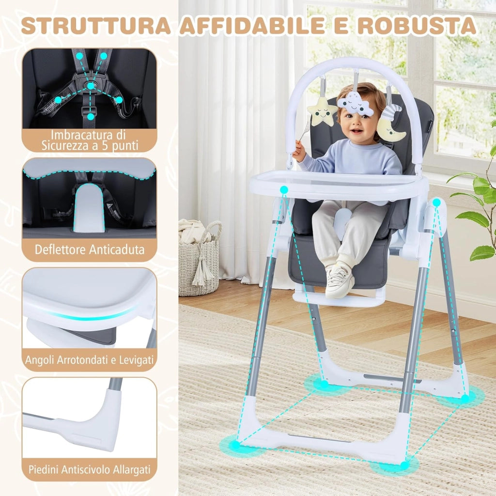 Seggiolone Pappa Portatile, con Altezza Regolabile, Schienale Reclinabile e Vassoio Rimovibile, Seggiolone Evolutivo Pieghevole con Cintura e 2 Ruote, per Bambini 6-36 Mesi (Grigio Scuro)