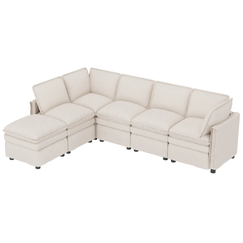 Divano modulare 6 posti in ciniglia beige con pouf