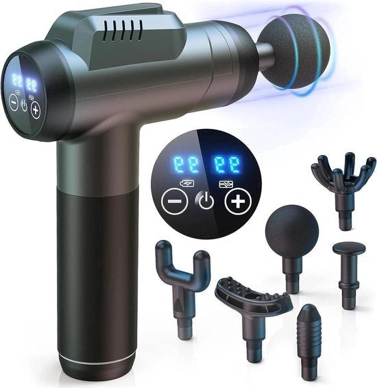 Massagista Professionale con 6 Testine - 99 Velocità - Percussione Intensa - Touchscreen LCD - Apparecchio per Massaggio Manuale - 6 Testine di Massaggio - Riduzione del Dolore Muscolare e Relax - Grigio
