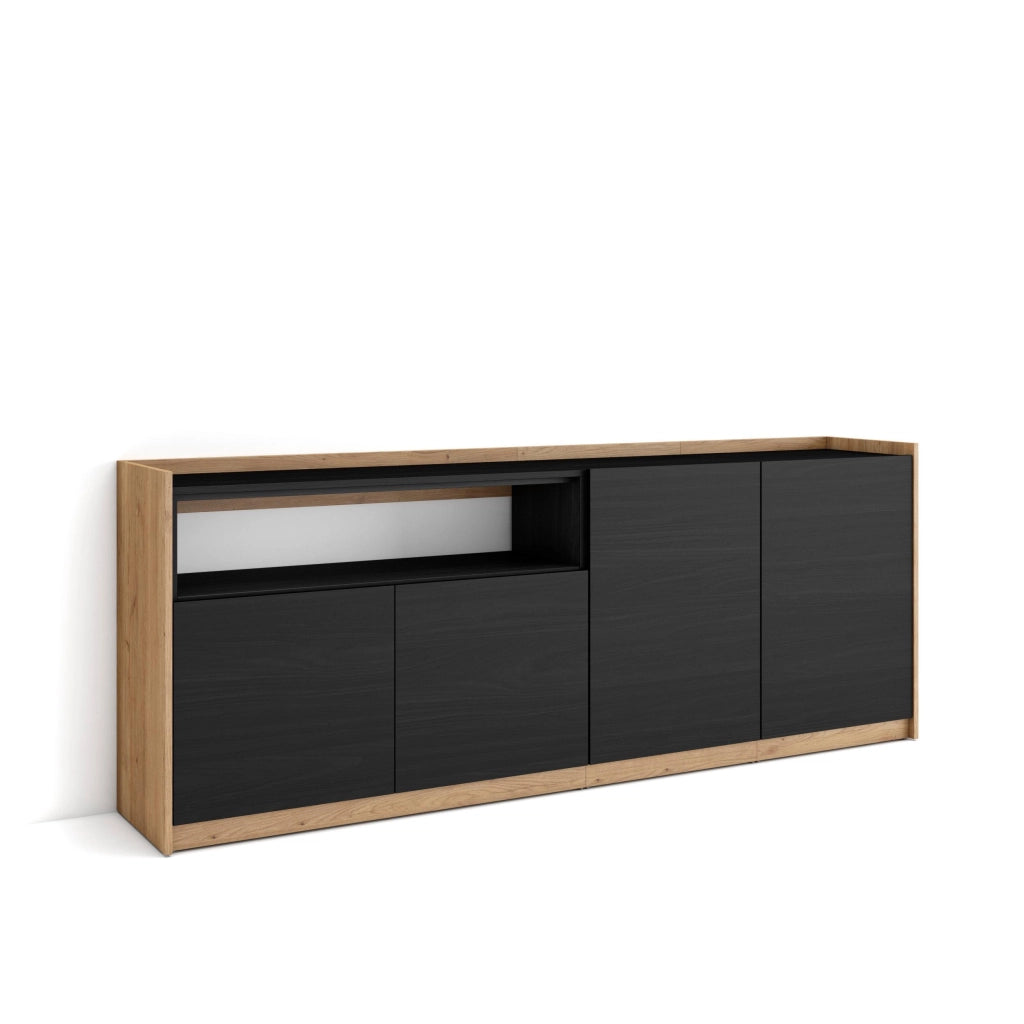 Credenza, Mobile, Cucina, 207x80x37 cm, 4 Porte, grande stoccaggio, Nero e rovere