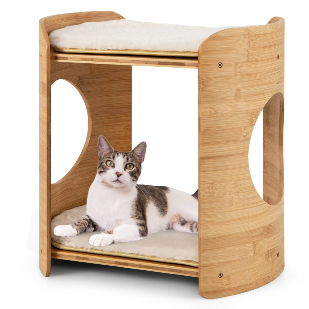 Letto rialzato per gatti a 2 livelli con struttura in bamb¨´ tappetini rimovibili e lavabili, Albero per gatti Beige