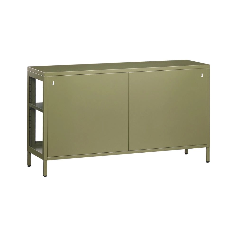 Credenza in acciaio con vetro temperato a 3 ante e ripiani regolabili verde arredi per il soggiorno dal design moderno.