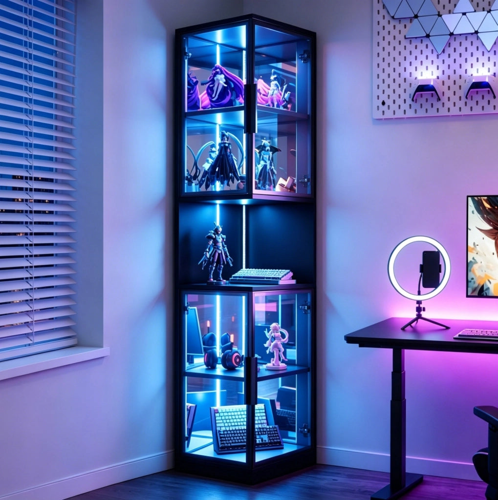 Vetrina LED in truciolare e vetro con ante doppie; specchio e luce multicolore; 205 cm; nera