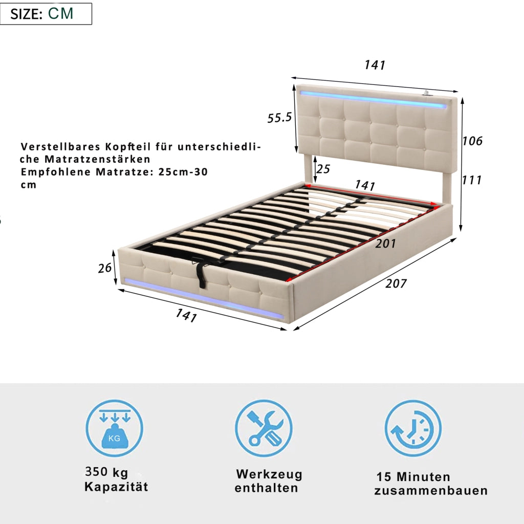 Letto matrimoniale imbottito LED 140 x 200 cm con contenitore e USB beige
