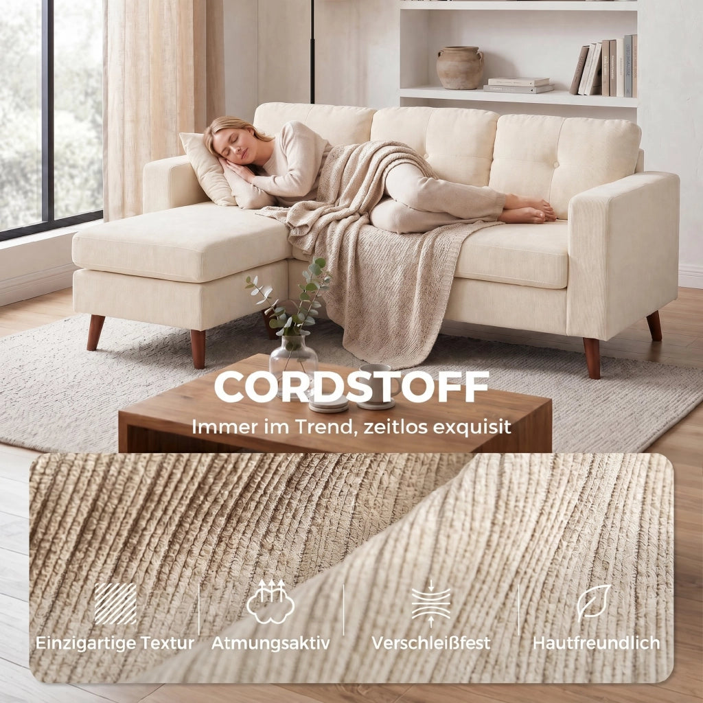 Divano Angolare 3 Posti con Chaise Longue Reversibile ¨C Zephmum ¨C Tessuto Crema 192 cm