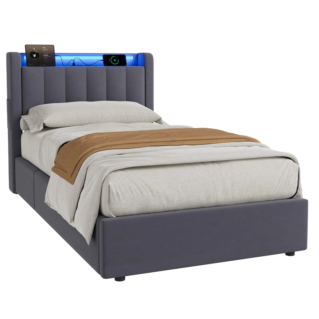 Letto Imbottito 90x190 cm in Velluto con Contenitore Idraulico, LED e Porte USB