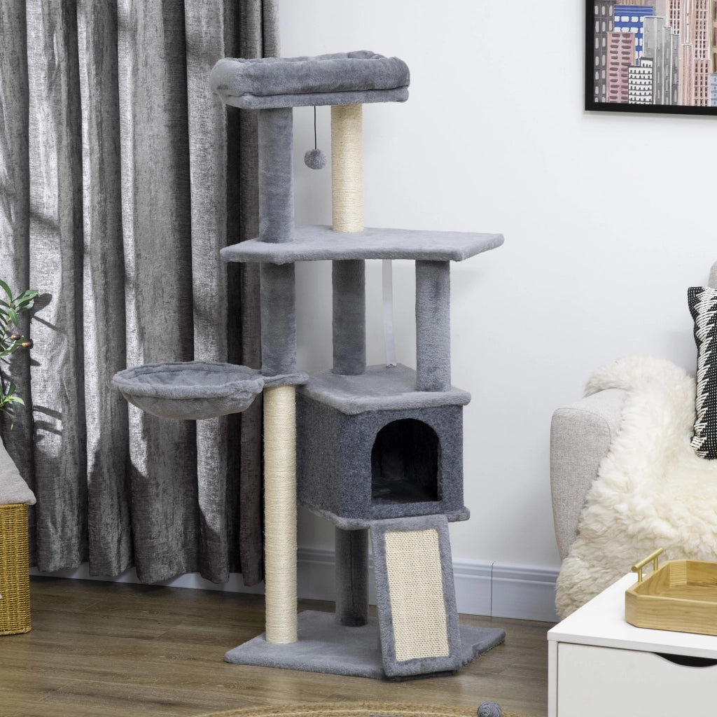 Albero tiragraffi per gatti con cuccia, amaca e piattaforme ¨C zephmum ¨C 127 cm grigio