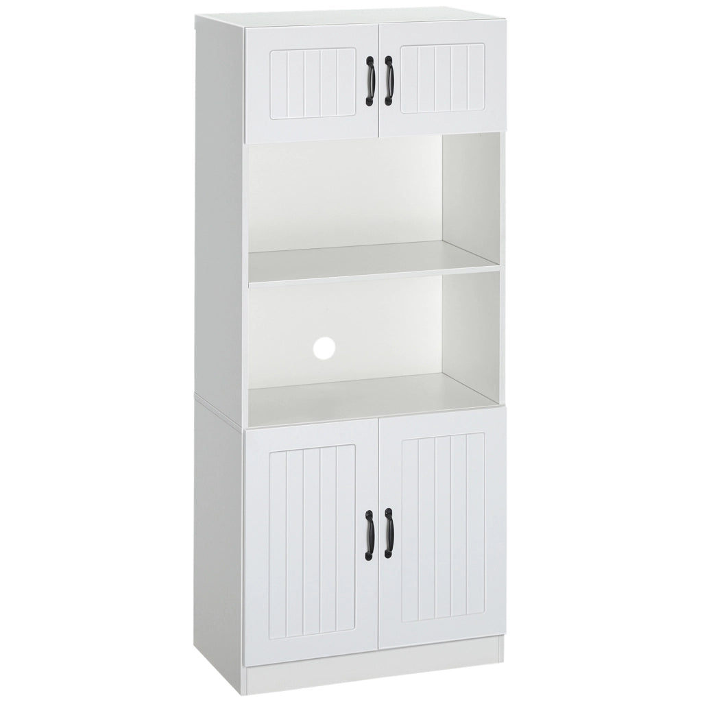 Credenza alta da cucina bianca con 4 ripiani, 4 ante e vano centrale per microonde