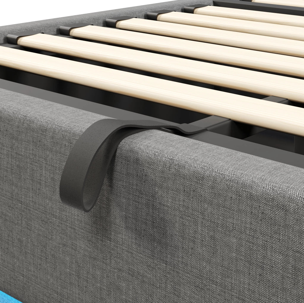 Letto imbottito 140x200 con LED, vano contenitore idraulico e porte USB/Type-C
