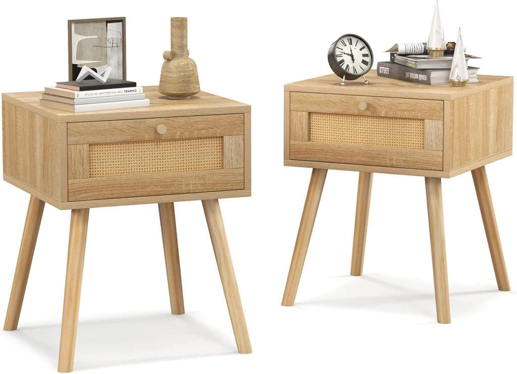 Comodino con porta in rattan, tavolino in legno con stile moderno, mobile laterale decorativo con cassetto, adatto per camera da letto, soggiorno, 40 x 40 x 55 cm, naturale