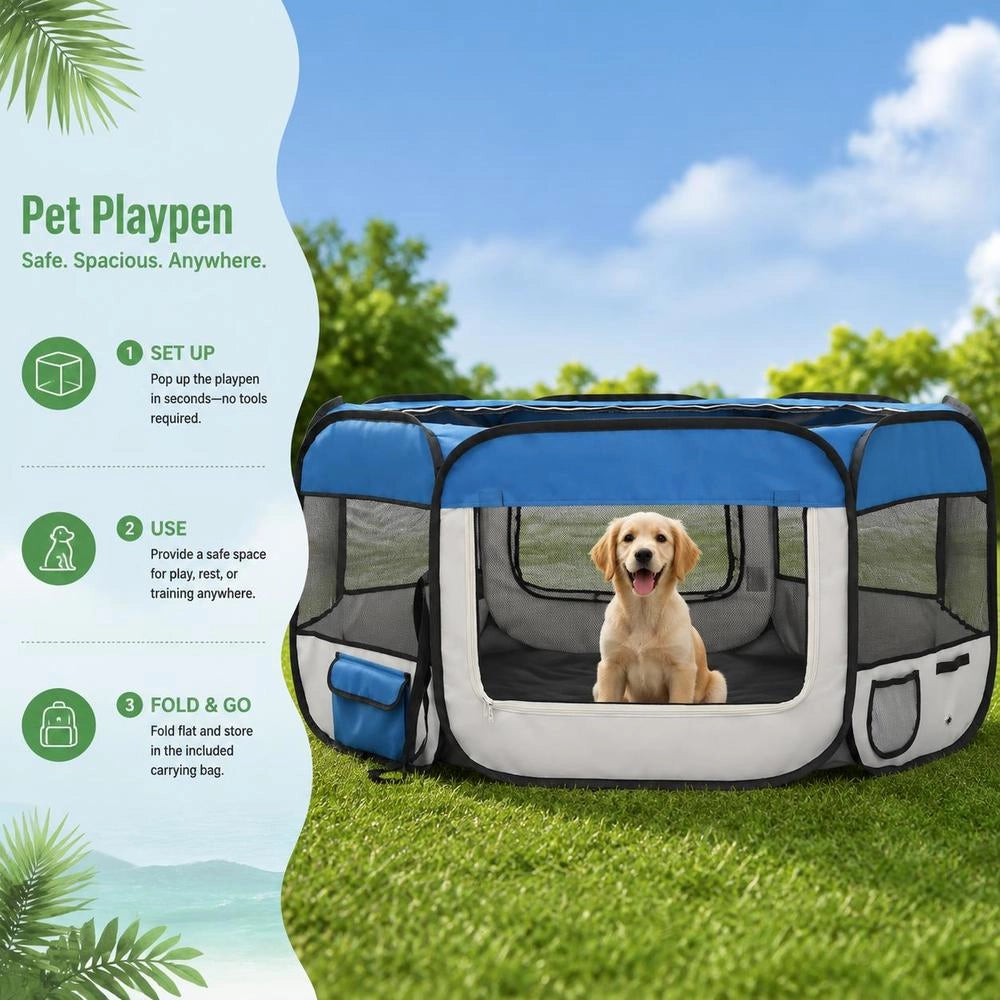 Foldable Puppy Playpen With Carrying Bag, Blue, 145x145x61 Cm