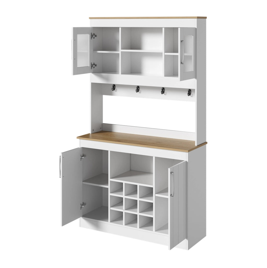 Credenza cucina 106x39x175 cm bianco e legno con vetrine