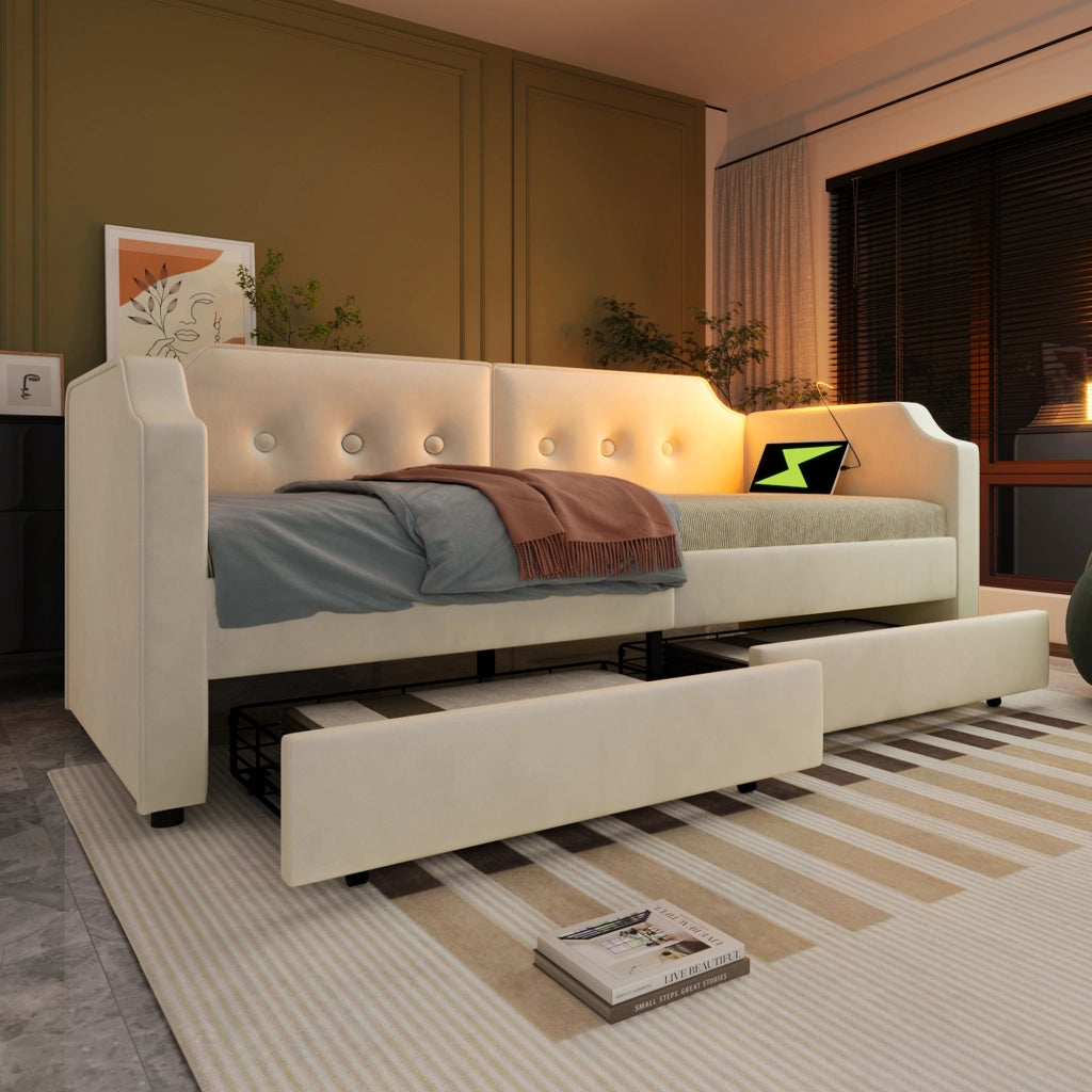 LETTO 90x200 cm in Velluto Beige con USB Type C, Lampada da Lettura e 2 Cassetti