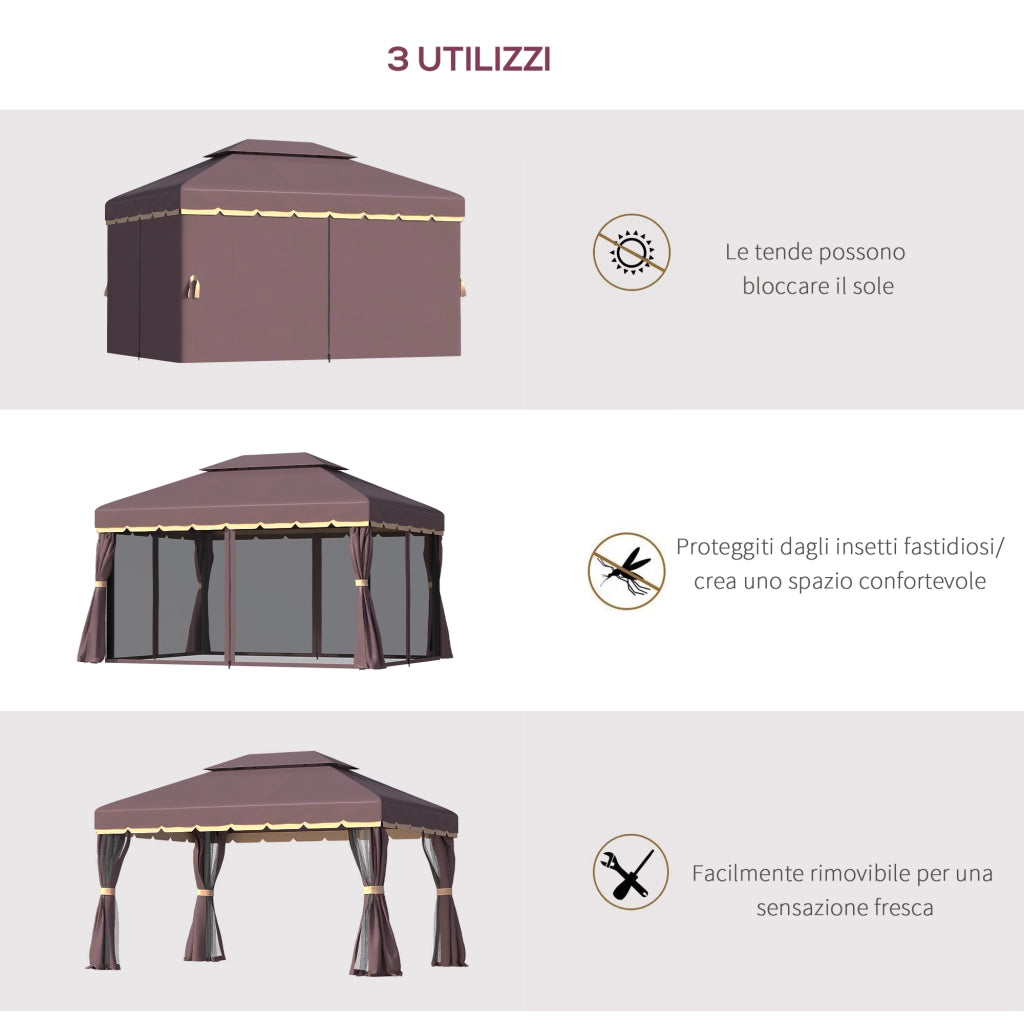 Gazebo da Giardino 3x4m con Doppio Tetto. Zanzariera e Tende. Alluminio e Poliestere. Color Caff¨¨