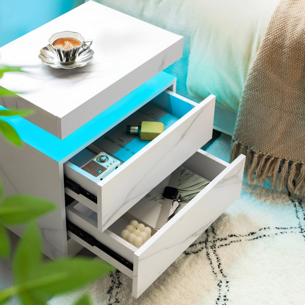 Comodino LED bianco opaco con 2 cassetti e vano aperto
