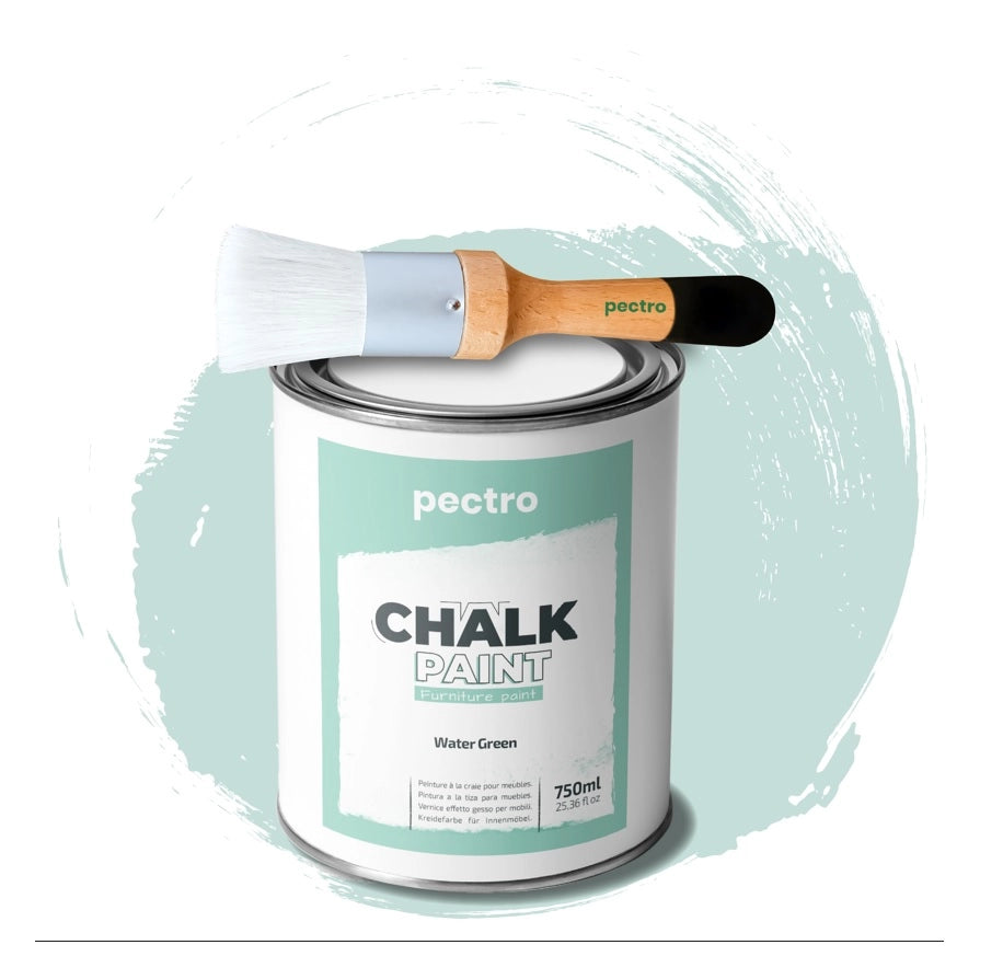 Chalk Paint Vernice a Gesso 750ml + Pennello Tondo in Legno Pack VERDE ACQUA - Pittura per Mobili Senza Carteggiare