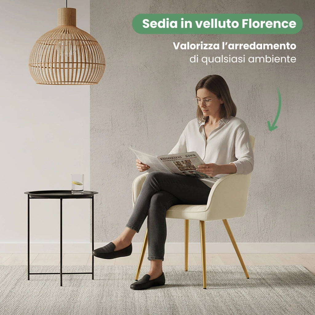 Set di 4 Sedie in velluto con cuciture verticali FLORENCE Crema gambe oro