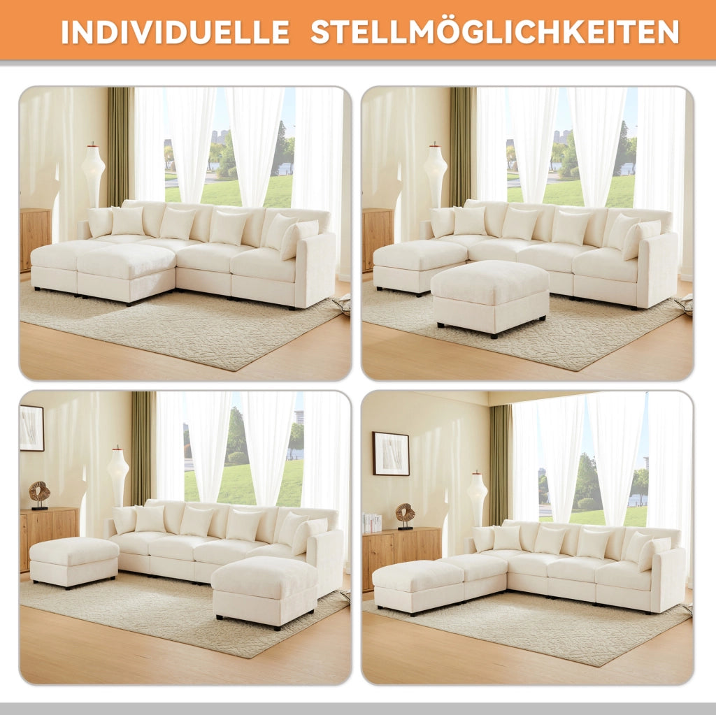 Divano modulare a forma di U/L in tessuto chenille beige con 2 pouf e 4 cuscini decorativi