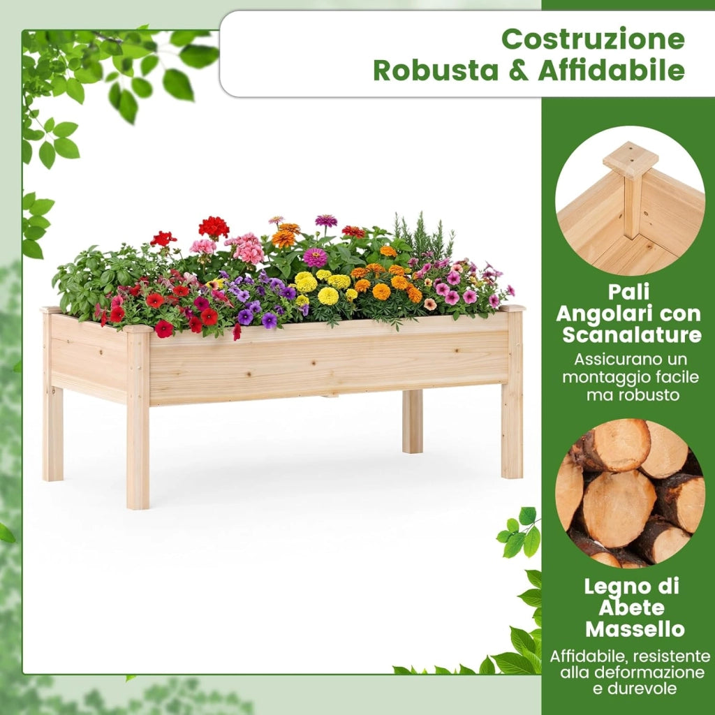 Letto da Giardino Rialzato con Gambe, Fioriera Elevata in Legno di Abete per Verdure, Fiori e Erbe, Aiuola Rialzata da Esterno ed Interno per Balcone, Giardino e Patio (1)