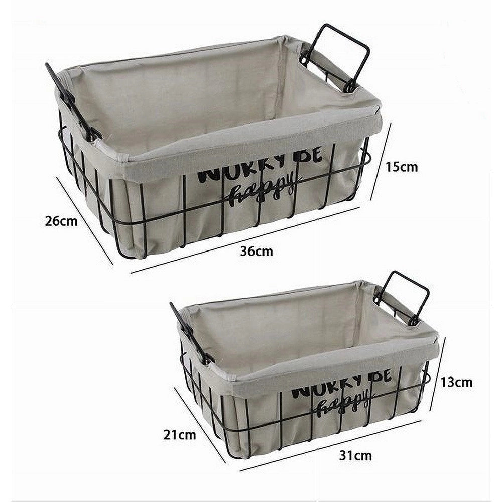 Trade Shop - Set 2pz Cestini In Metallo Con Rivestimento In Tessuto Portaoggetti Manici 10631 -