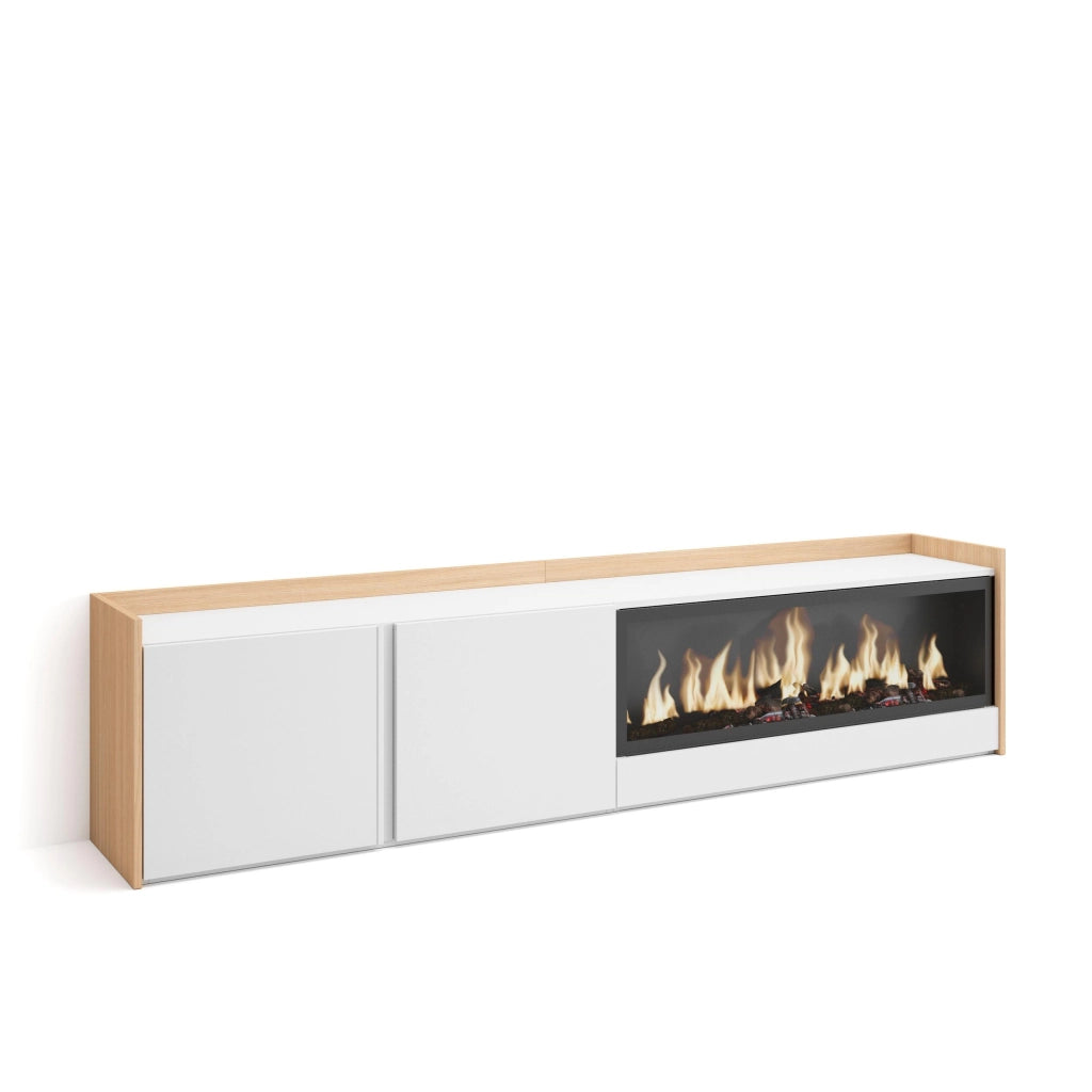 Mobile TV Soggiorno, 212x50x35 cm, Per TV fino a 80", Camino elettrico XXL, Bianco e Rovere soft