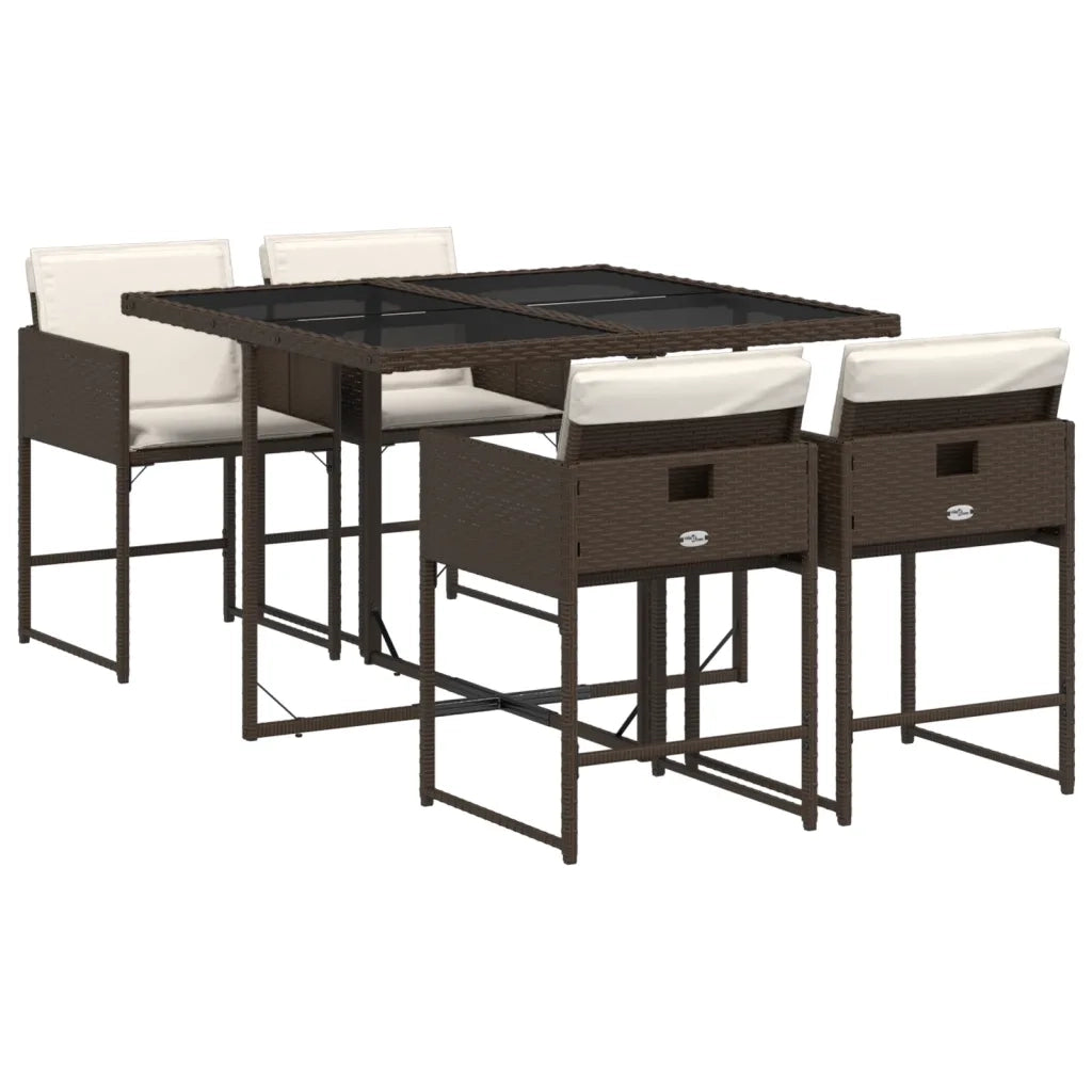 Set da Pranzo da Giardino 5pz con Cuscini in Polyrattan Marrone