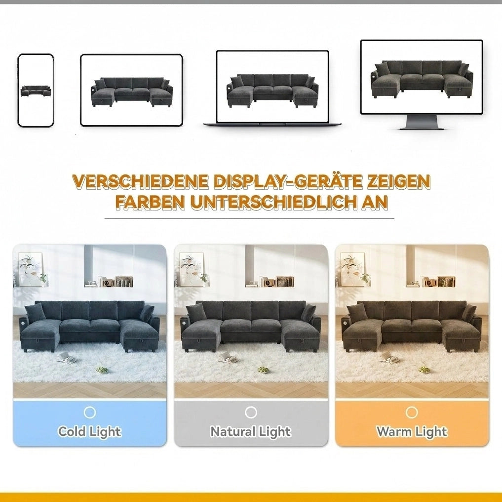 Divano a U in ciniglia con vano contenitore; USB e Type-C; 279x135x84 cm; grigio